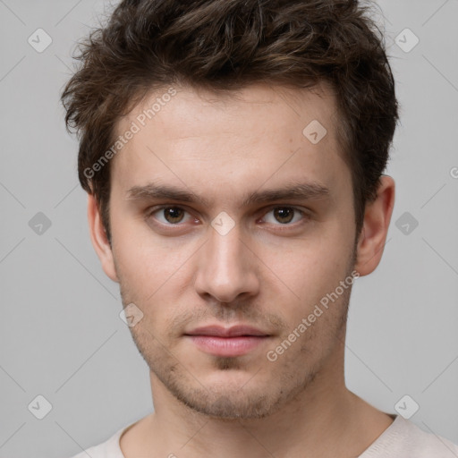 Neutral white young-adult male with short  brown hair and brown eyes