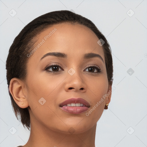 Joyful latino young-adult female with short  brown hair and brown eyes