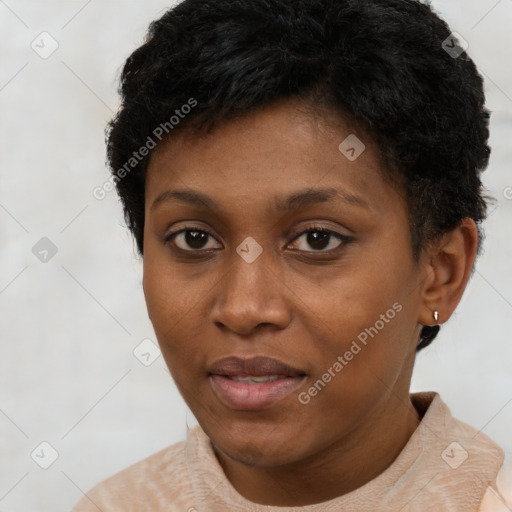 Neutral black young-adult female with short  brown hair and brown eyes