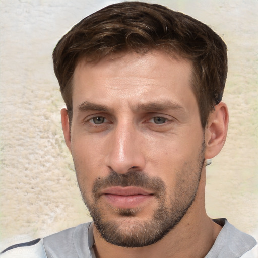 Neutral white adult male with short  brown hair and brown eyes