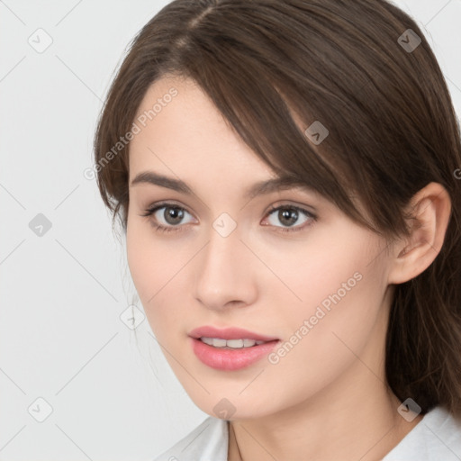 Neutral white young-adult female with medium  brown hair and brown eyes