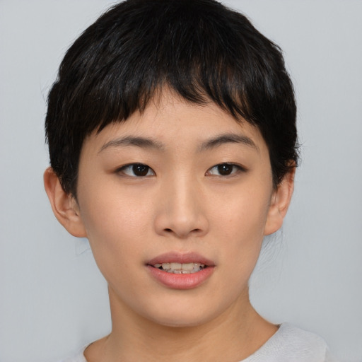 Neutral asian young-adult female with short  brown hair and brown eyes