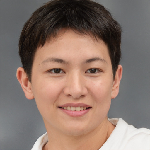 Joyful white young-adult female with short  brown hair and brown eyes