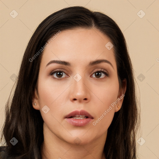 Neutral white young-adult female with long  brown hair and brown eyes