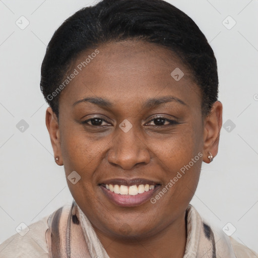 Joyful black adult female with short  brown hair and brown eyes