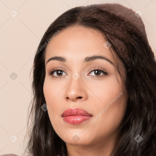 Joyful white young-adult female with long  black hair and brown eyes