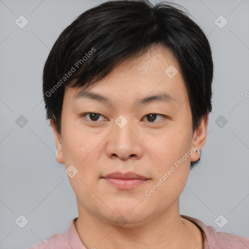 Neutral asian young-adult male with short  brown hair and brown eyes