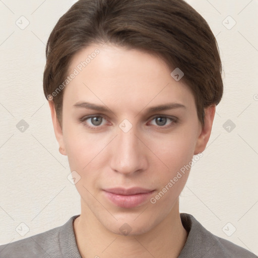 Neutral white young-adult female with short  brown hair and brown eyes