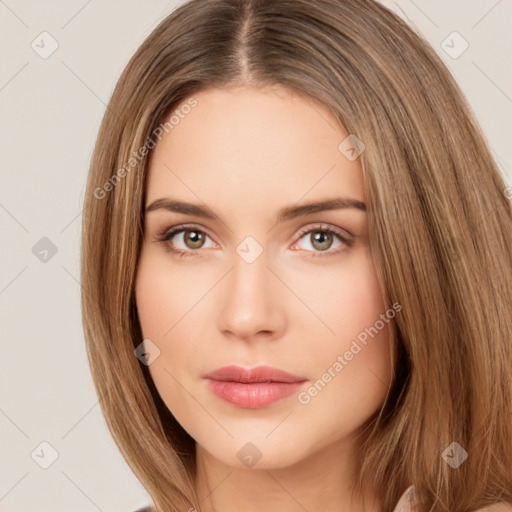 Neutral white young-adult female with long  brown hair and brown eyes