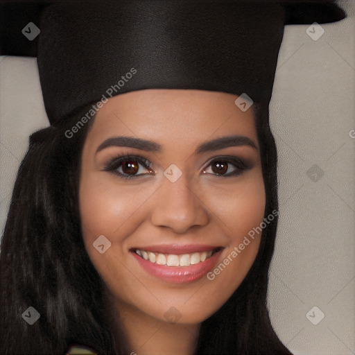 Joyful white young-adult female with long  black hair and brown eyes