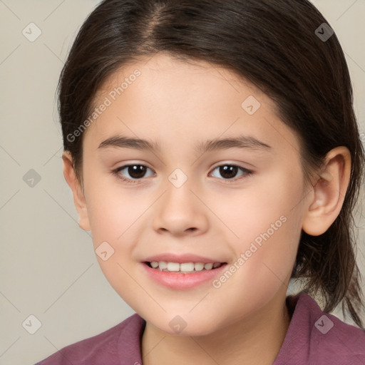 Joyful white child female with medium  brown hair and brown eyes