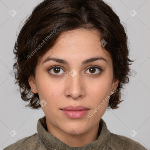 Neutral white young-adult female with medium  brown hair and brown eyes