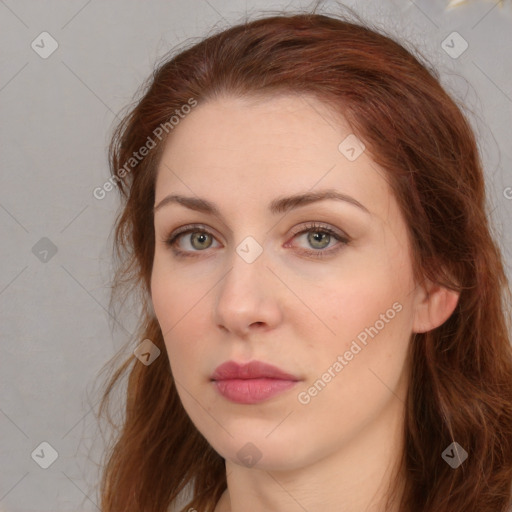 Neutral white young-adult female with long  brown hair and green eyes