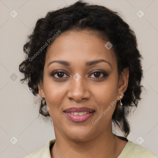 Joyful black young-adult female with medium  black hair and brown eyes