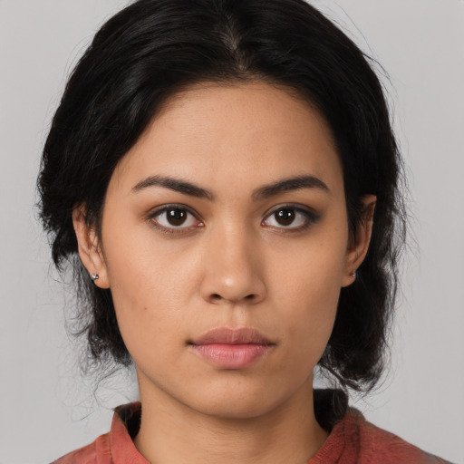 Neutral asian young-adult female with medium  black hair and brown eyes