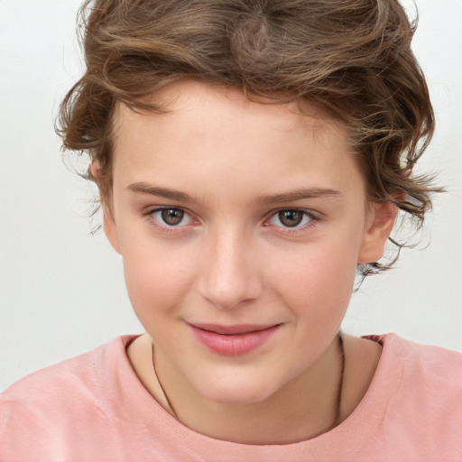 Joyful white child female with medium  brown hair and brown eyes