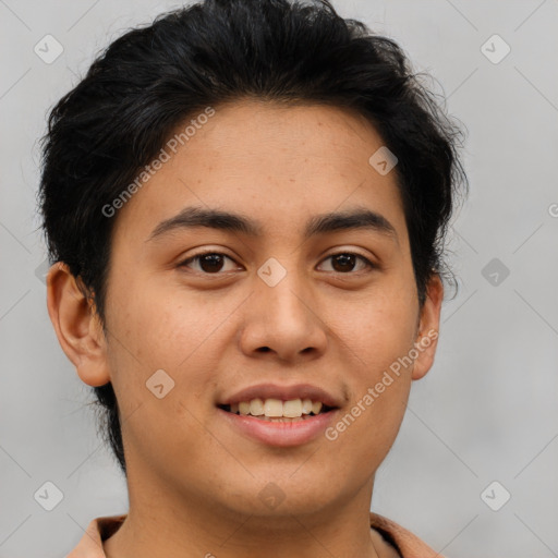 Joyful asian young-adult male with short  brown hair and brown eyes