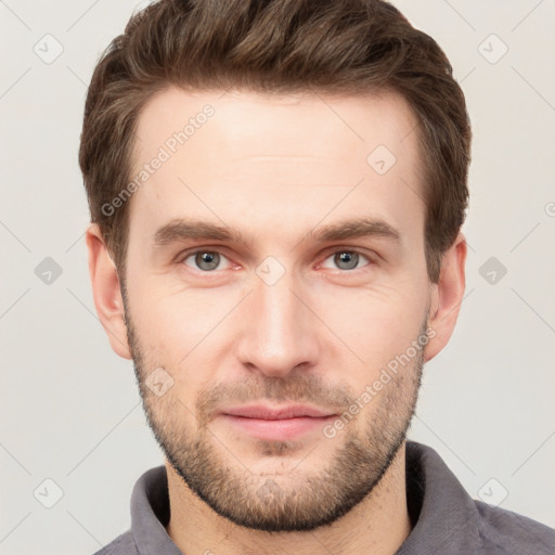 Neutral white young-adult male with short  brown hair and grey eyes