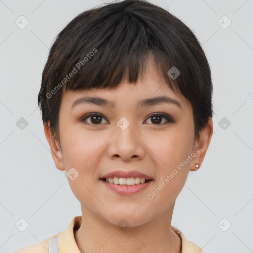 Joyful asian young-adult female with short  brown hair and brown eyes