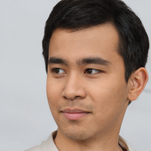 Neutral asian young-adult male with short  black hair and brown eyes
