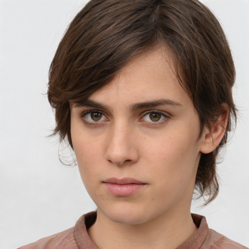 Neutral white young-adult female with medium  brown hair and brown eyes