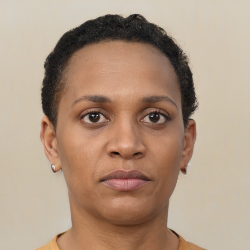 Neutral black young-adult female with short  brown hair and brown eyes