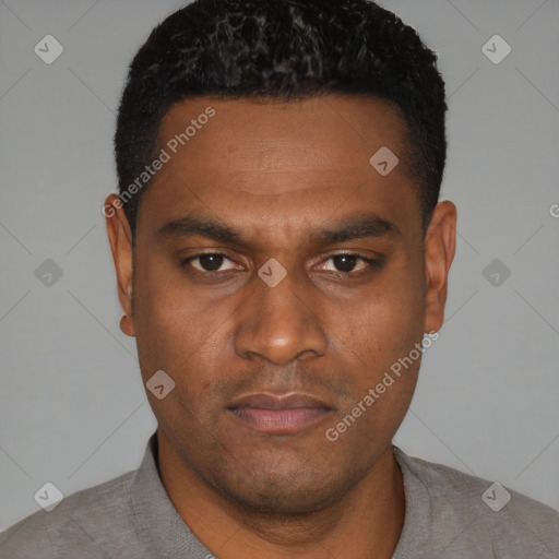 Neutral black young-adult male with short  black hair and brown eyes