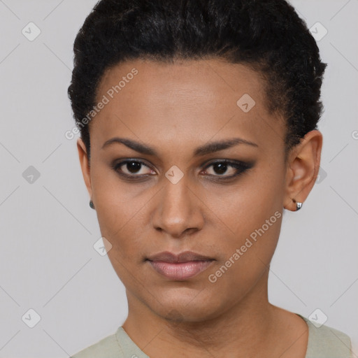 Neutral black young-adult female with short  brown hair and brown eyes