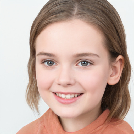 Joyful white child female with medium  brown hair and grey eyes