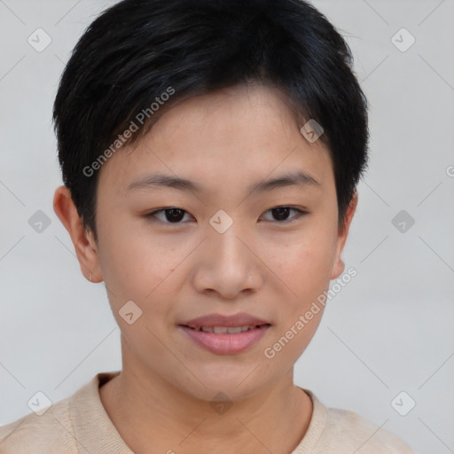 Joyful asian young-adult female with short  brown hair and brown eyes