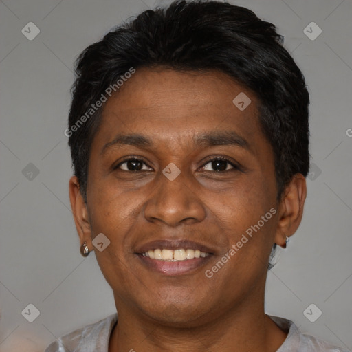 Joyful asian adult male with short  black hair and brown eyes