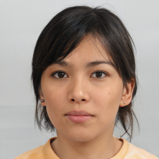 Neutral asian young-adult female with medium  brown hair and brown eyes