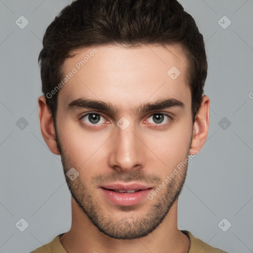 Neutral white young-adult male with short  brown hair and brown eyes