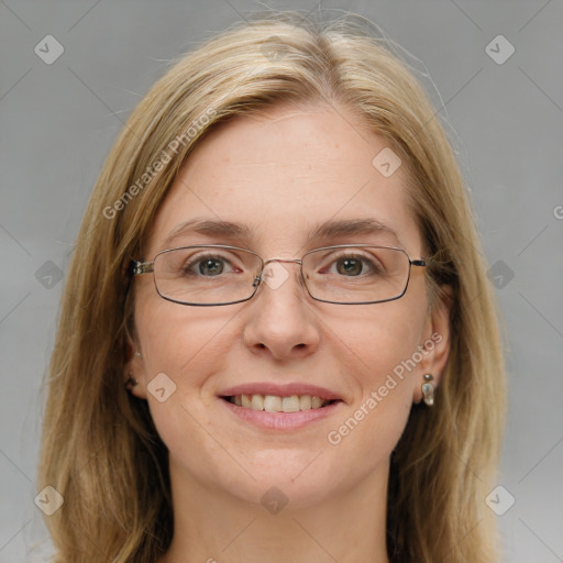 Joyful white young-adult female with medium  brown hair and blue eyes