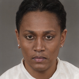 Neutral black young-adult female with short  brown hair and brown eyes