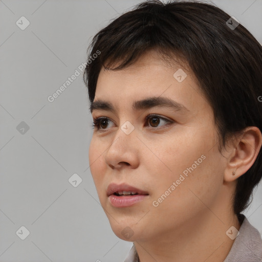 Neutral asian young-adult female with medium  black hair and brown eyes