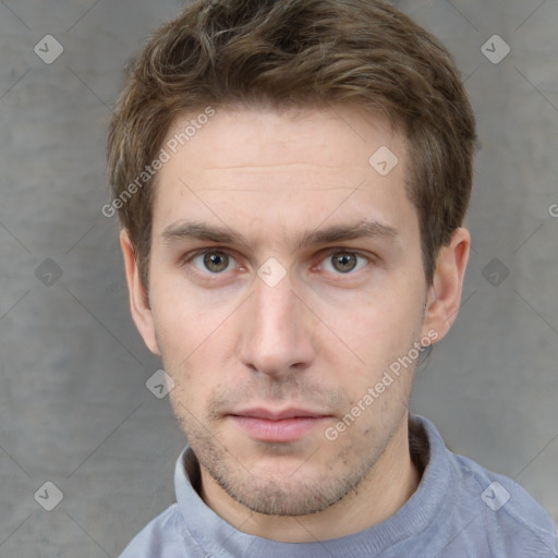 Neutral white young-adult male with short  brown hair and grey eyes