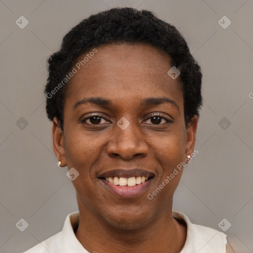 Joyful black young-adult female with short  black hair and brown eyes