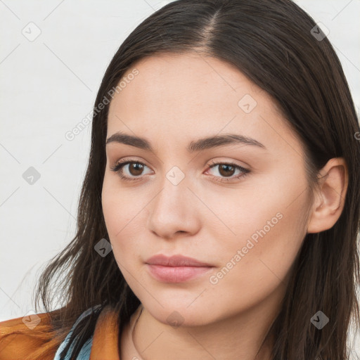 Neutral white young-adult female with long  brown hair and brown eyes