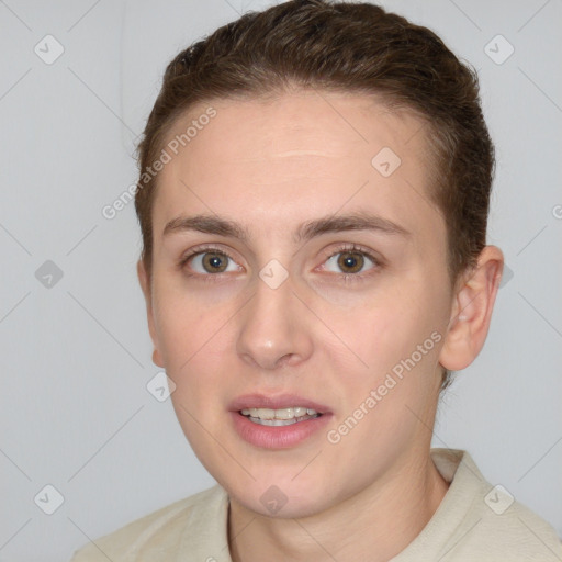 Joyful white young-adult female with short  brown hair and brown eyes