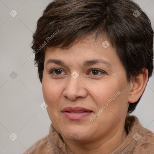 Joyful white adult female with short  brown hair and brown eyes