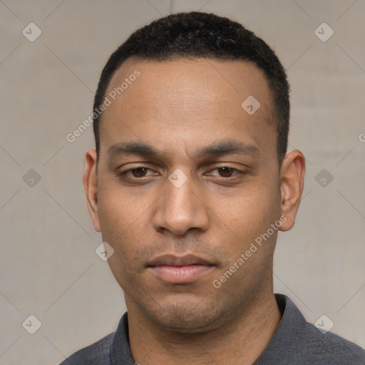 Neutral white young-adult male with short  black hair and brown eyes