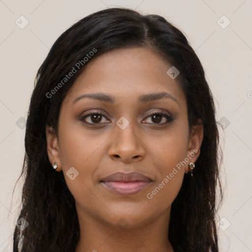 Joyful latino young-adult female with long  brown hair and brown eyes