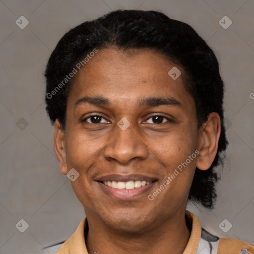 Joyful latino adult male with short  black hair and brown eyes