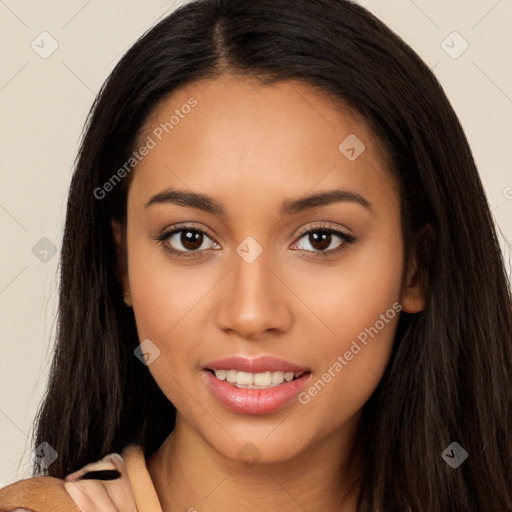 Joyful latino young-adult female with long  brown hair and brown eyes