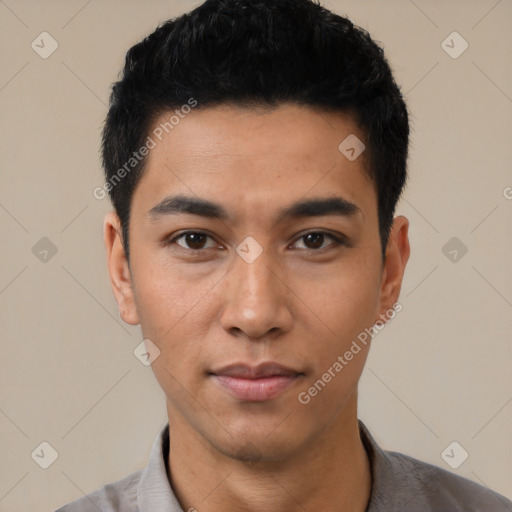 Neutral latino young-adult male with short  black hair and brown eyes