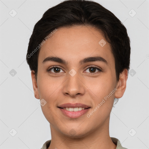 Joyful white young-adult female with short  brown hair and brown eyes