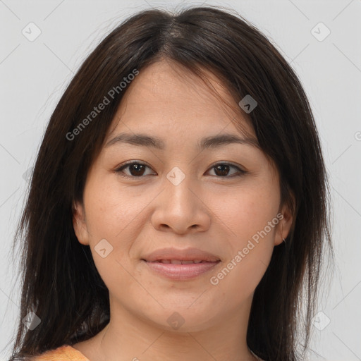 Joyful white young-adult female with medium  brown hair and brown eyes