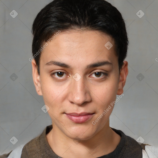 Joyful white young-adult female with short  brown hair and brown eyes