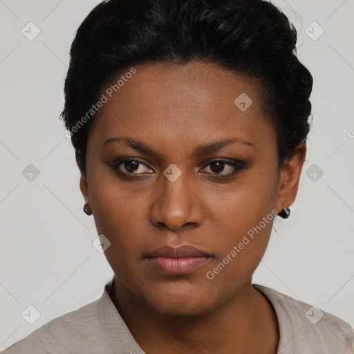 Neutral black young-adult female with short  black hair and brown eyes